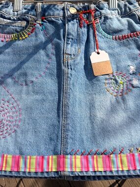 girls upscale denim skirt by artist Jeanne Prom, one of a kind size 8 regular